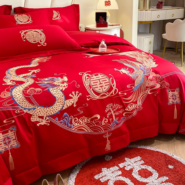 91家纺网 家纺一手货源 找家纺 置顶家纺 2025新款亲肤磨毛刺绣婚庆四件套系列-棚拍 至尊龙凤-大红