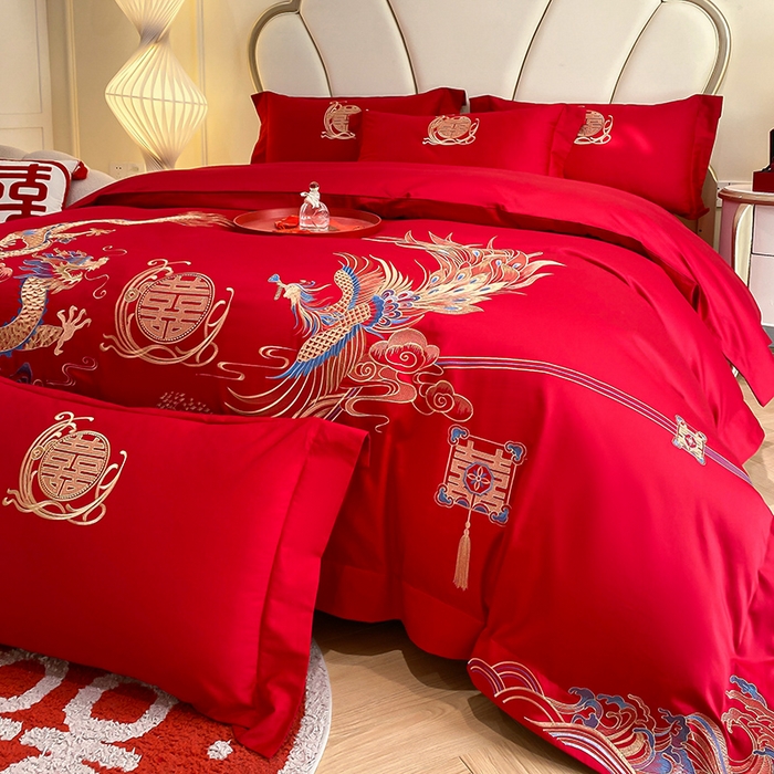 91家纺网 家纺一手货源 找家纺 置顶家纺 2025新款亲肤磨毛刺绣婚庆四件套系列-棚拍 至尊龙凤-大红