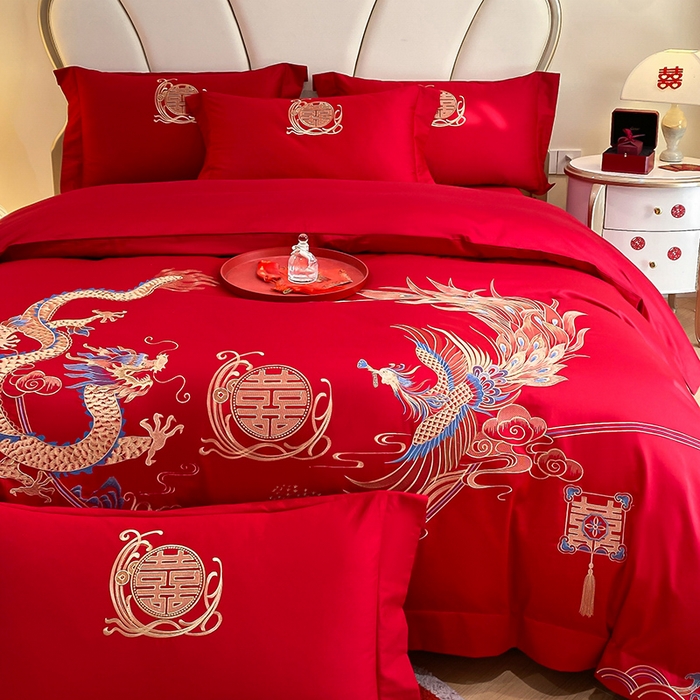 91家纺网 家纺一手货源 找家纺 置顶家纺 2025新款亲肤磨毛刺绣婚庆四件套系列-棚拍 至尊龙凤-大红