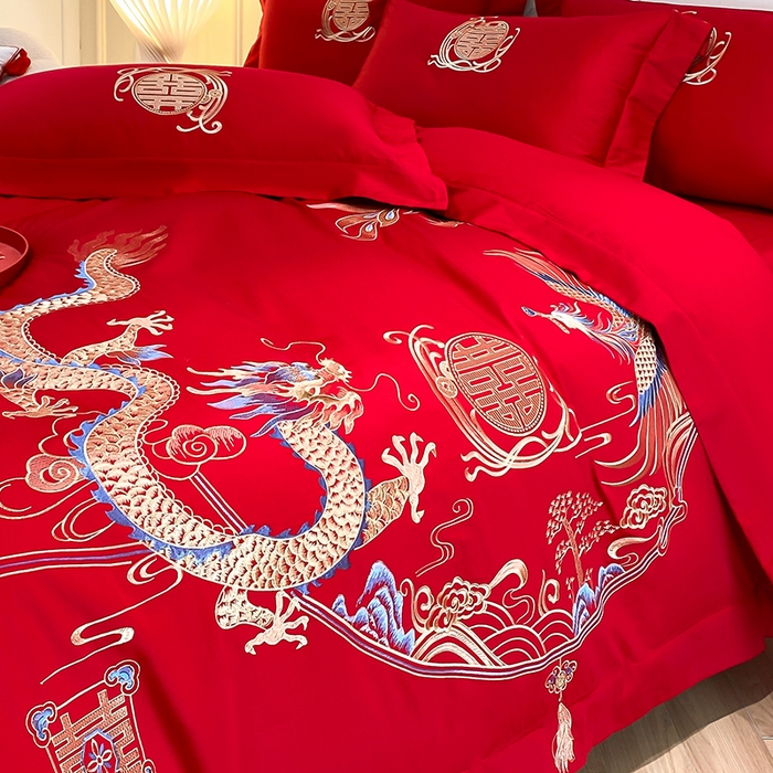 91家纺网 家纺一手货源 找家纺 置顶家纺 2025新款亲肤磨毛刺绣婚庆四件套系列-棚拍 至尊龙凤-大红