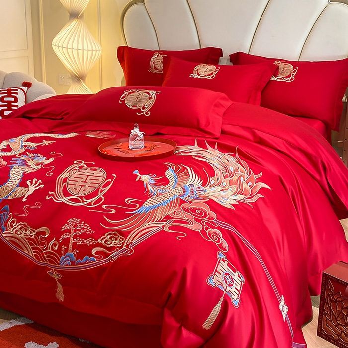 91家纺网 家纺一手货源 找家纺 置顶家纺 2025新款亲肤磨毛刺绣婚庆四件套系列-棚拍 至尊龙凤-大红