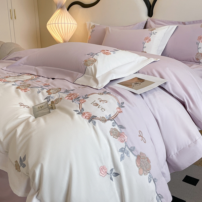 91家纺网 家纺一手货源 找家纺 置顶家纺 2025春夏新款亲肤刺绣四件套-蔷薇恋人 蔷薇恋人-烟紫