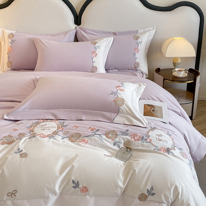 91家纺网 家纺一手货源 找家纺 置顶家纺 2025春夏新款亲肤刺绣四件套-蔷薇恋人 蔷薇恋人-烟紫