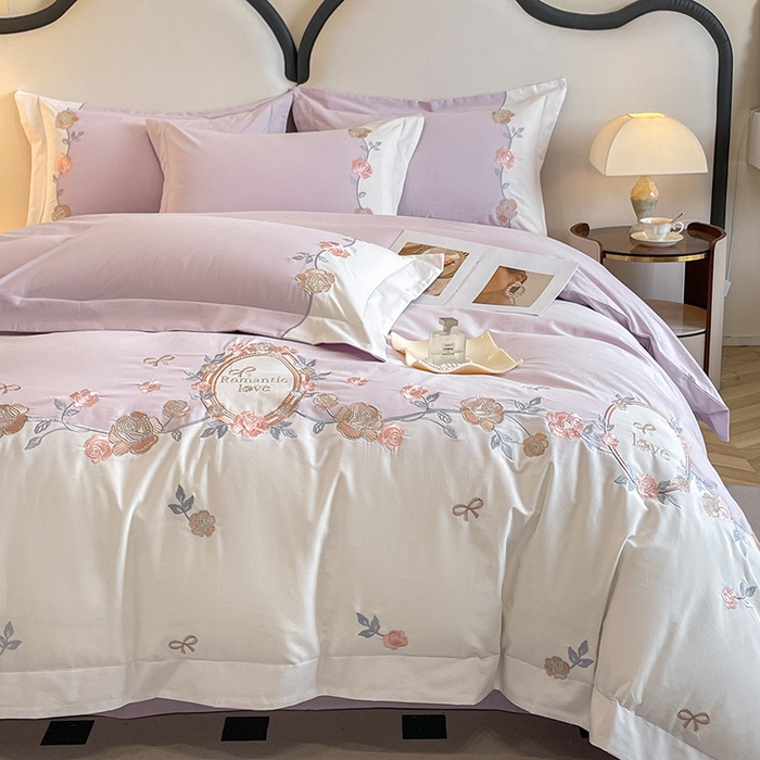 91家纺网 家纺一手货源 找家纺 置顶家纺 2025春夏新款亲肤刺绣四件套-蔷薇恋人 蔷薇恋人-烟紫