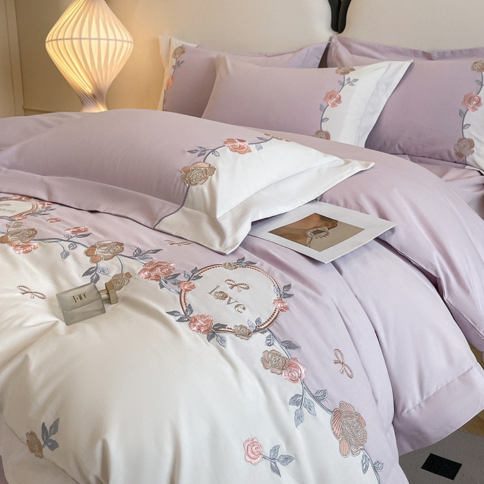 91家纺网 家纺一手货源 找家纺 置顶家纺 2025春夏新款亲肤刺绣四件套-蔷薇恋人 蔷薇恋人-烟紫