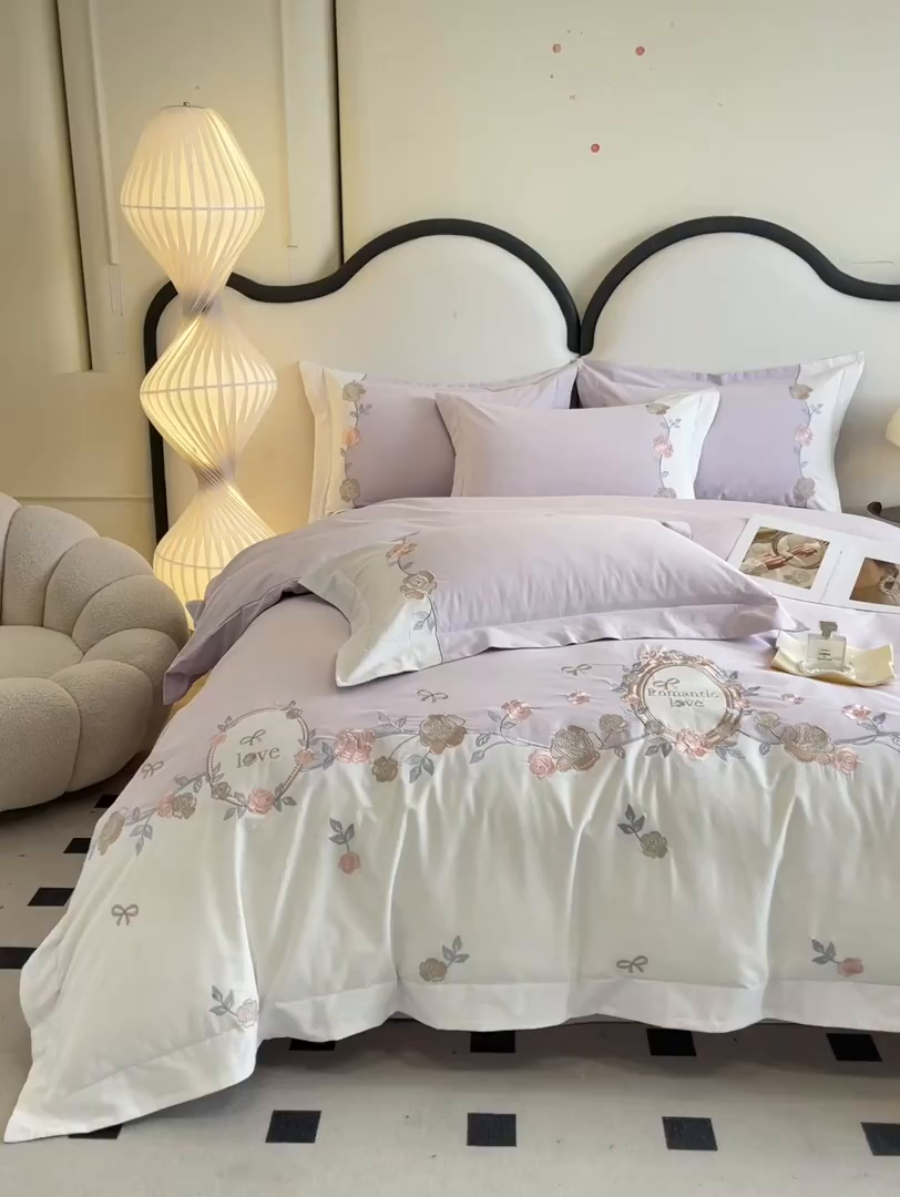 91家纺网 家纺一手货源 找家纺 置顶家纺 2025春夏新款亲肤刺绣四件套-蔷薇恋人 蔷薇恋人-烟紫