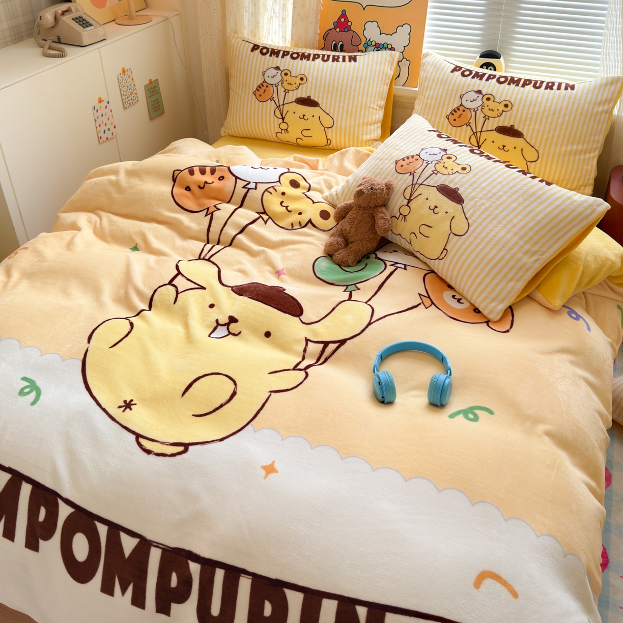 91家纺网 家纺一手货源 找家纺 希诺家居 2025新款正版授权大版三丽鸥数码印花牛奶绒四件套 气球布丁狗