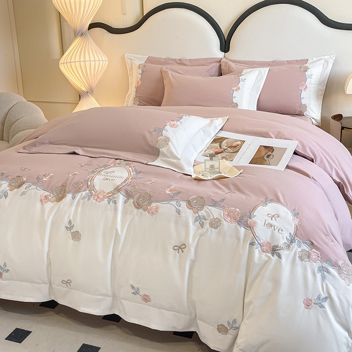 91家纺网 家纺一手货源 找家纺 置顶家纺 2025春夏新款亲肤刺绣四件套-蔷薇恋人 蔷薇恋人-紫豆沙