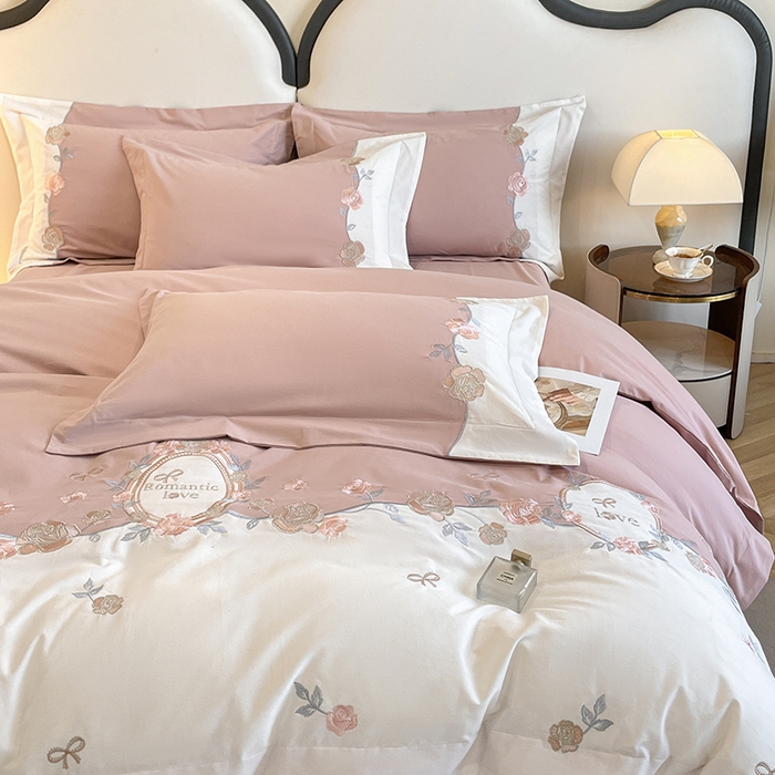 91家纺网 家纺一手货源 找家纺 置顶家纺 2025春夏新款亲肤刺绣四件套-蔷薇恋人 蔷薇恋人-紫豆沙