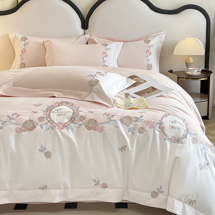 91家纺网 家纺一手货源 找家纺 置顶家纺 2025春夏新款亲肤刺绣四件套-蔷薇恋人 蔷薇恋人-粉玉