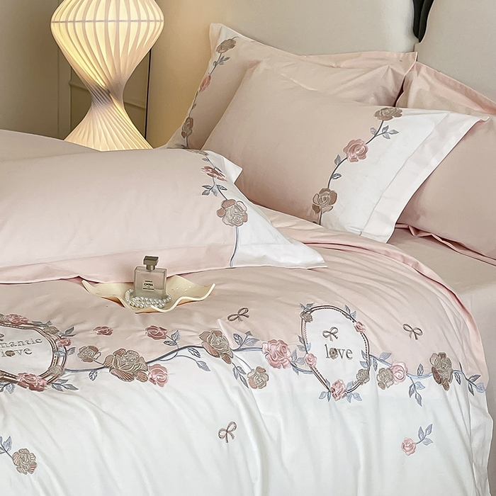 91家纺网 家纺一手货源 找家纺 置顶家纺 2025春夏新款亲肤刺绣四件套-蔷薇恋人 蔷薇恋人-粉玉