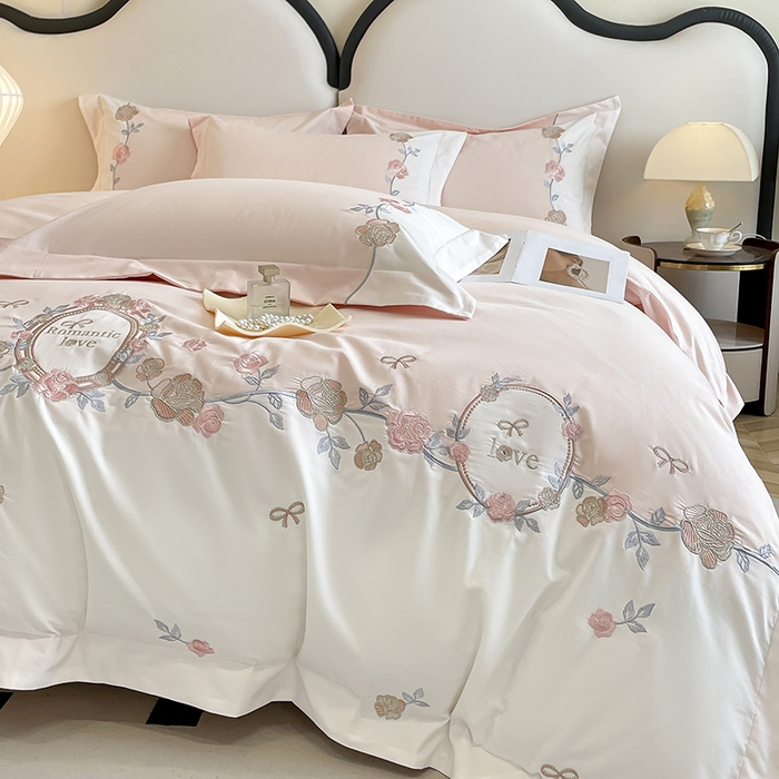 91家纺网 家纺一手货源 找家纺 置顶家纺 2025春夏新款亲肤刺绣四件套-蔷薇恋人 蔷薇恋人-粉玉