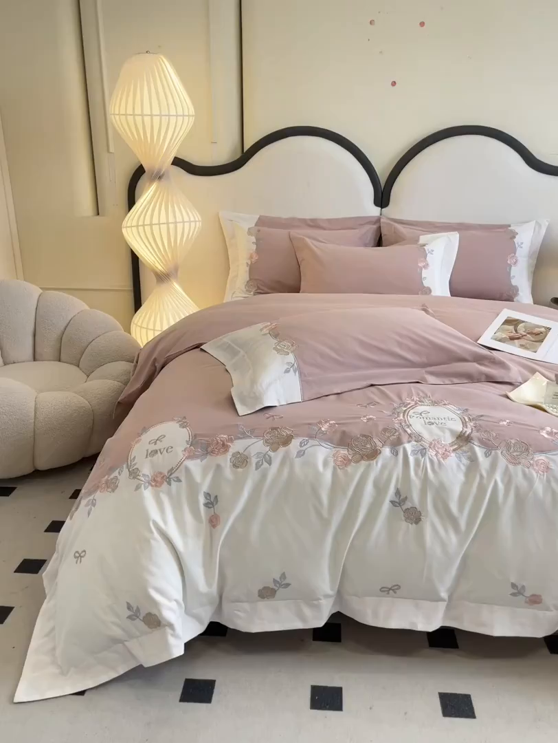 91家纺网 家纺一手货源 找家纺 置顶家纺 2025春夏新款亲肤刺绣四件套-蔷薇恋人 蔷薇恋人-紫豆沙