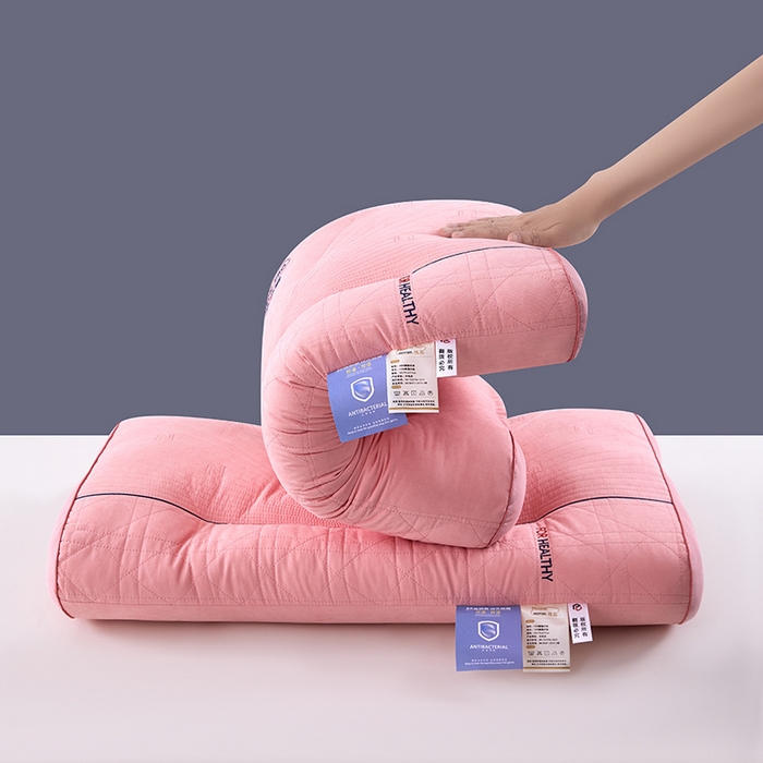 91家纺网 家纺一手货源 找家纺 浩宇家纺 2025新款颈护安枕直播爆款枕头区间定位助眠护颈款枕芯成人家用枕皮批发 粉色