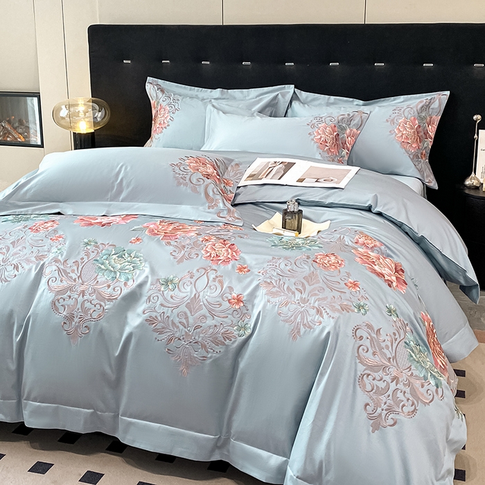 91家纺网 家纺一手货源 找家纺 置顶家纺 2025新款13372全棉拼接刺绣四件套-盛世花悦 盛世花悦-天蓝