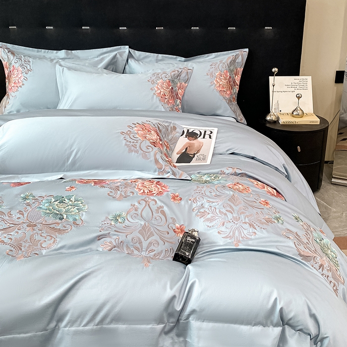 91家纺网 家纺一手货源 找家纺 置顶家纺 2025新款13372全棉拼接刺绣四件套-盛世花悦 盛世花悦-天蓝