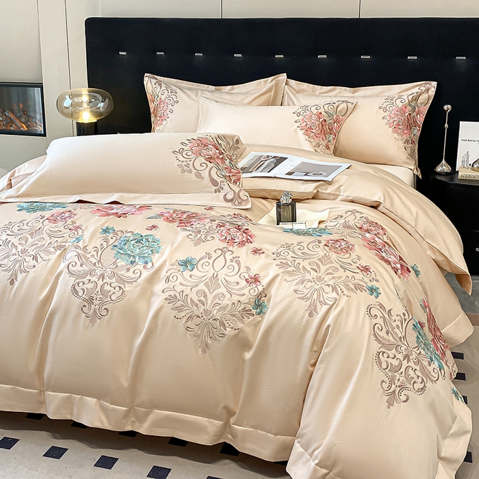 91家纺网 家纺一手货源 找家纺 置顶家纺 2025新款13372全棉拼接刺绣四件套-盛世花悦 盛世花悦-奶咖色
