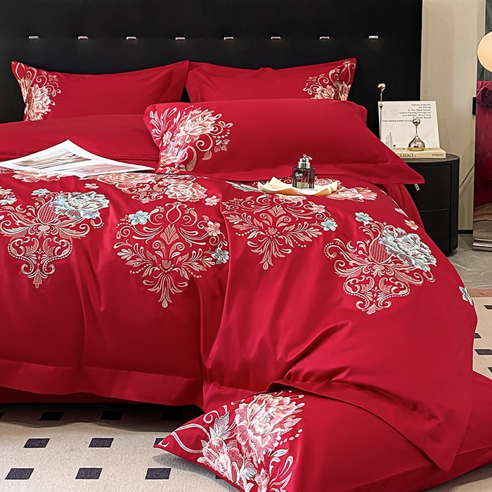 91家纺网 家纺一手货源 找家纺 置顶家纺 2025新款13372全棉拼接刺绣四件套-盛世花悦 盛世花悦-大红