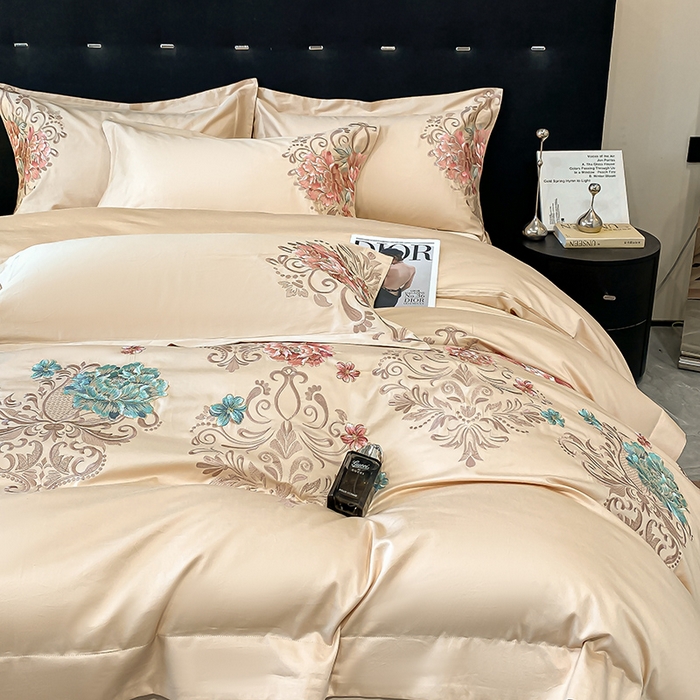 91家纺网 家纺一手货源 找家纺 置顶家纺 2025新款13372全棉拼接刺绣四件套-盛世花悦 盛世花悦-奶咖色