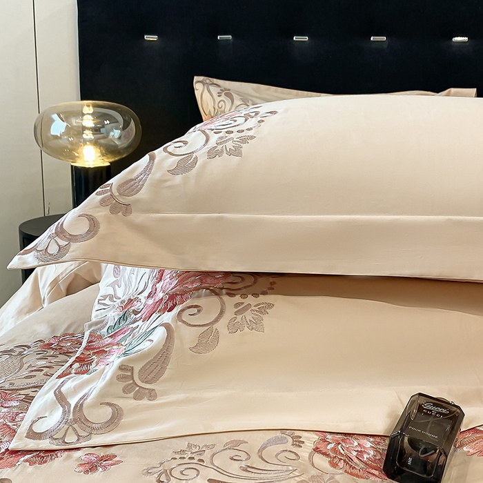 91家纺网 家纺一手货源 找家纺 置顶家纺 2025新款13372全棉拼接刺绣四件套-盛世花悦 盛世花悦-奶咖色