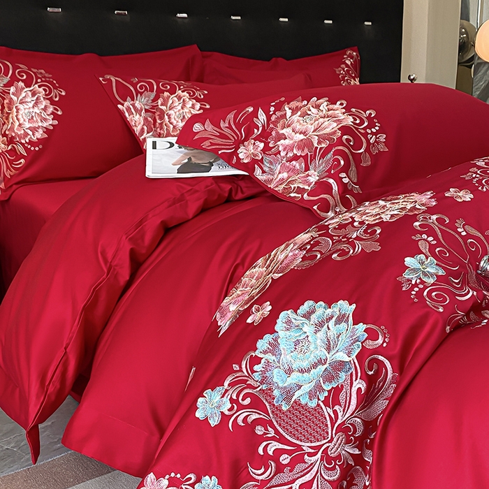 91家纺网 家纺一手货源 找家纺 置顶家纺 2025新款13372全棉拼接刺绣四件套-盛世花悦 盛世花悦-大红