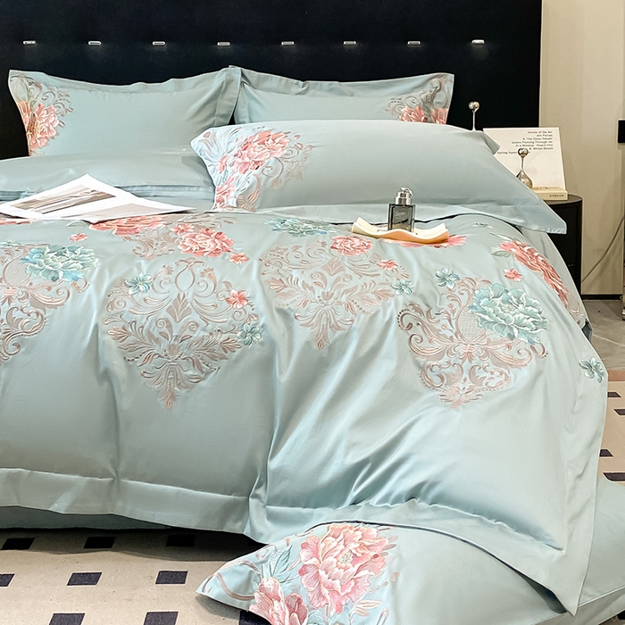 91家纺网 家纺一手货源 找家纺 置顶家纺 2025新款13372全棉拼接刺绣四件套-盛世花悦 盛世花悦-月影蓝