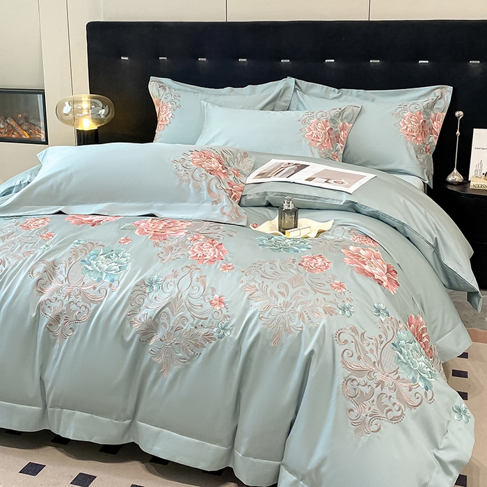 91家纺网 家纺一手货源 找家纺 置顶家纺 2025新款13372全棉拼接刺绣四件套-盛世花悦 盛世花悦-月影蓝