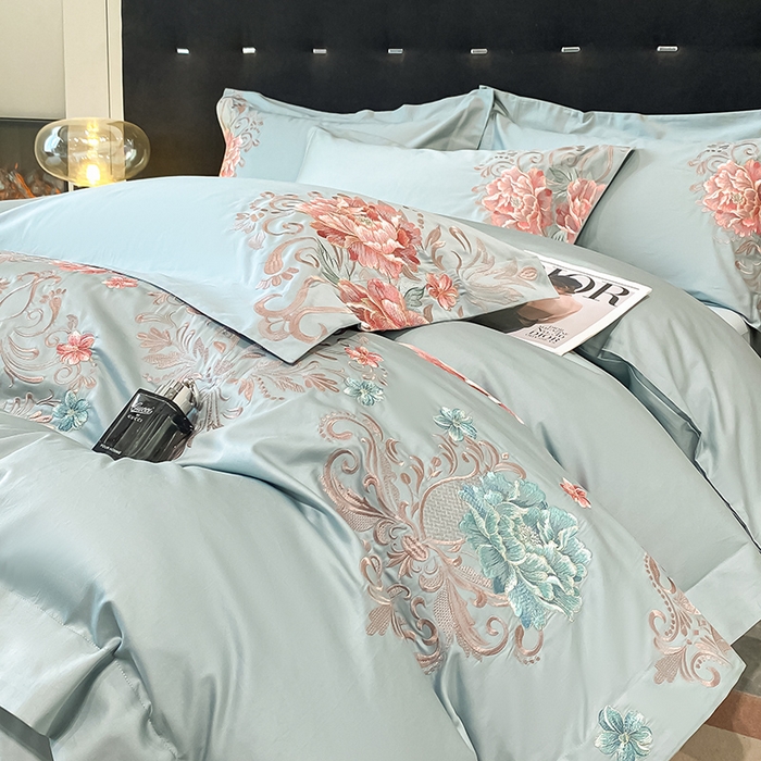 91家纺网 家纺一手货源 找家纺 置顶家纺 2025新款13372全棉拼接刺绣四件套-盛世花悦 盛世花悦-月影蓝