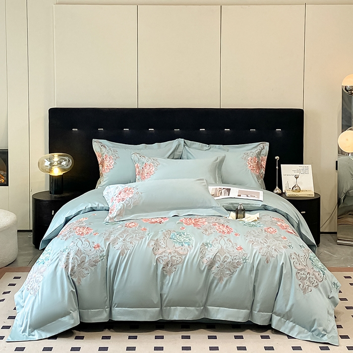 置顶家纺 2025新款13372全棉拼接刺绣四件套-盛世花悦 盛世花悦-月影蓝