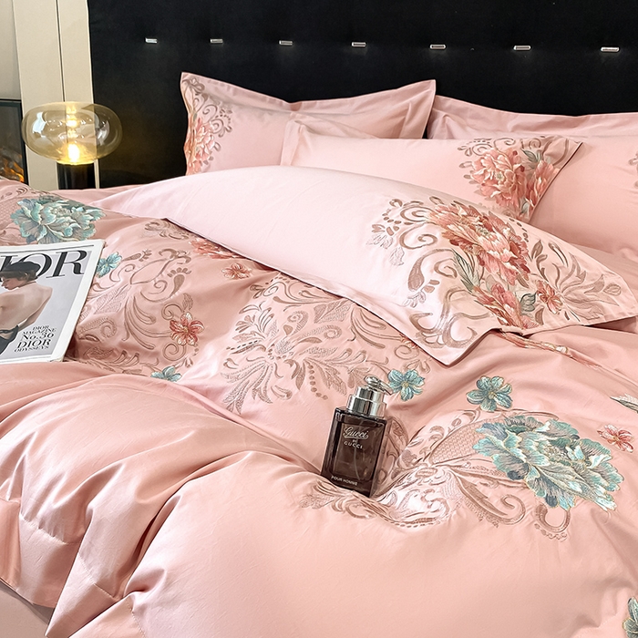 91家纺网 家纺一手货源 找家纺 置顶家纺 2025新款13372全棉拼接刺绣四件套-盛世花悦 盛世花悦-浅豆沙