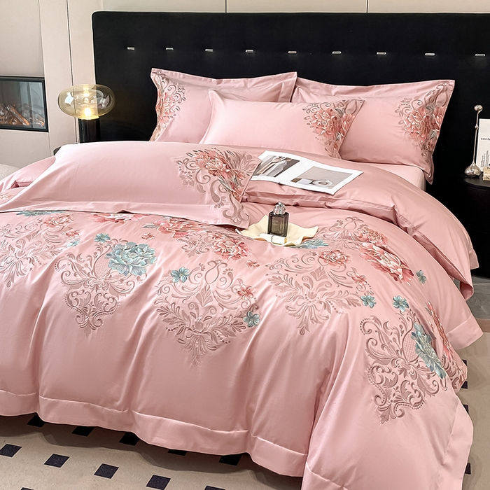 91家纺网 家纺一手货源 找家纺 置顶家纺 2025新款13372全棉拼接刺绣四件套-盛世花悦 盛世花悦-浅豆沙