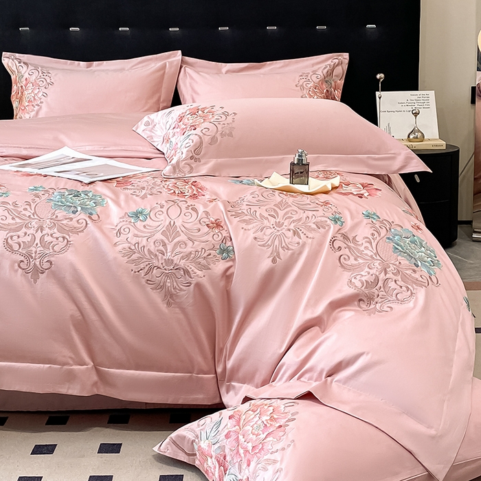 91家纺网 家纺一手货源 找家纺 置顶家纺 2025新款13372全棉拼接刺绣四件套-盛世花悦 盛世花悦-浅豆沙