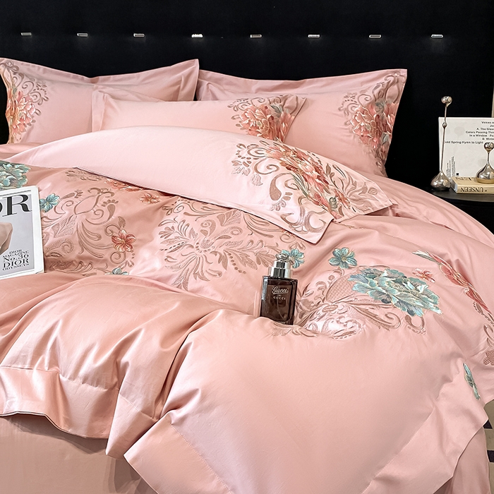 91家纺网 家纺一手货源 找家纺 置顶家纺 2025新款13372全棉拼接刺绣四件套-盛世花悦 盛世花悦-浅豆沙