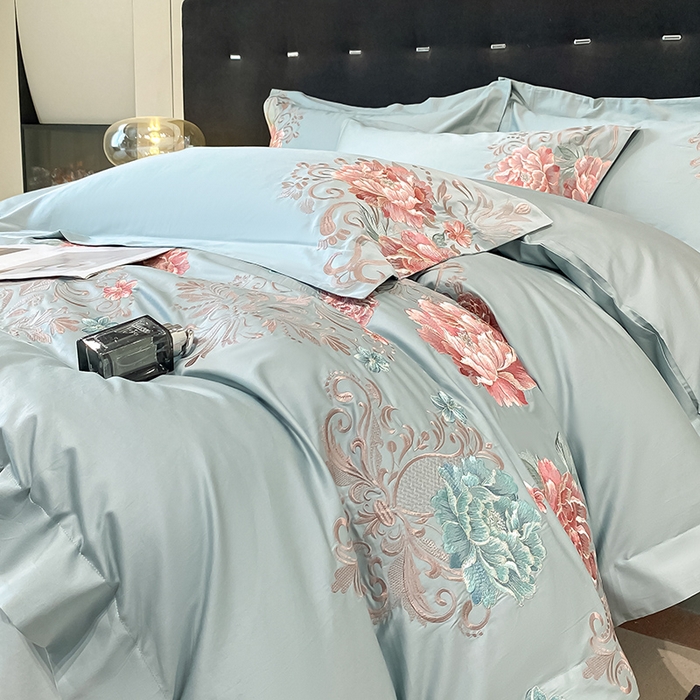 91家纺网 家纺一手货源 找家纺 置顶家纺 2025新款13372全棉拼接刺绣四件套-盛世花悦 盛世花悦-月影蓝