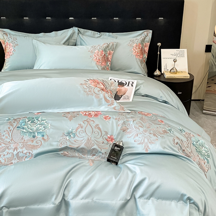 91家纺网 家纺一手货源 找家纺 置顶家纺 2025新款13372全棉拼接刺绣四件套-盛世花悦 盛世花悦-月影蓝