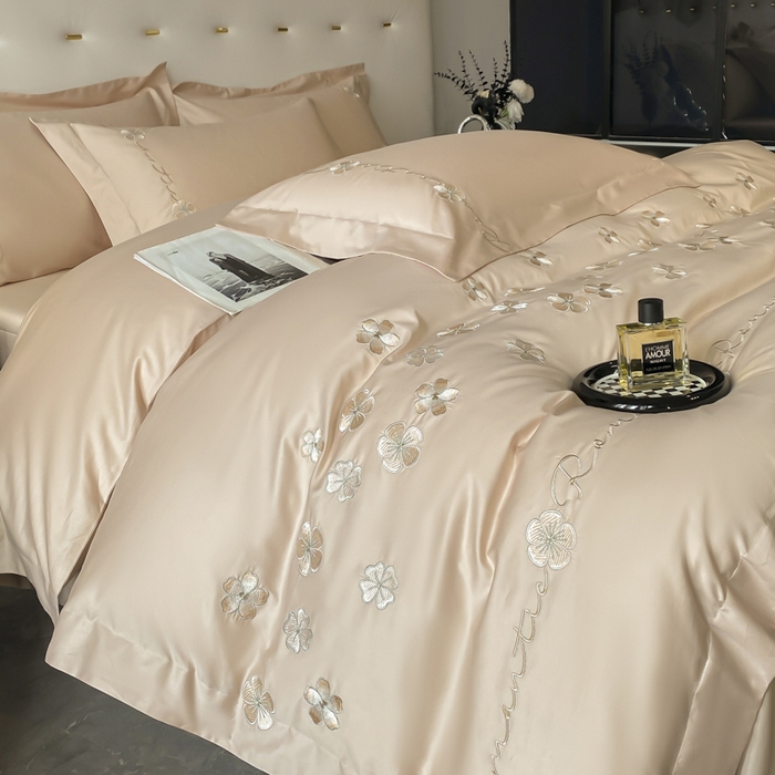 91家纺网 家纺一手货源 找家纺 置顶家纺 2025新款13372全棉刺绣四件套-桃花朵朵开 桃花朵朵开-奶咖