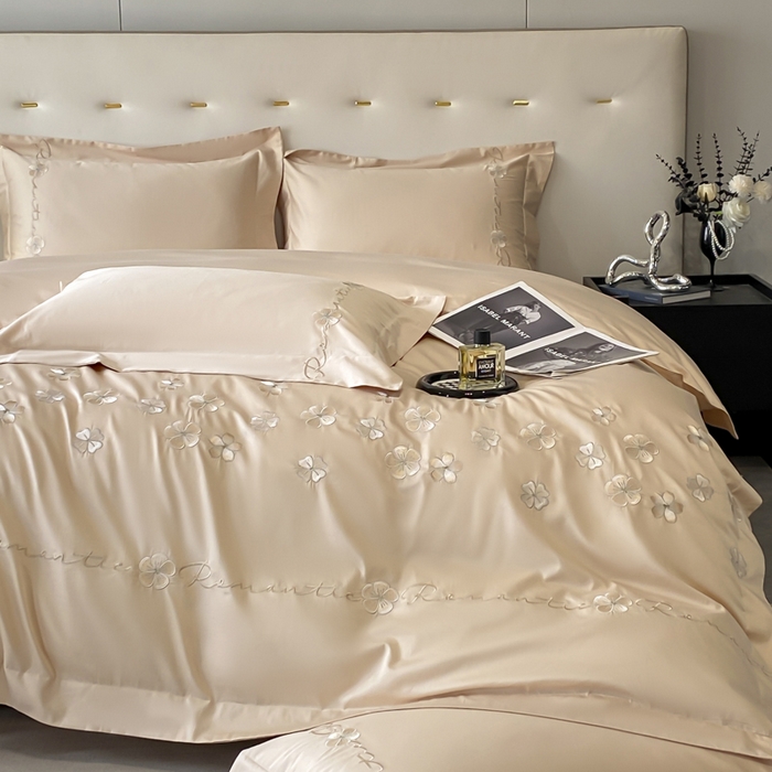 91家纺网 家纺一手货源 找家纺 置顶家纺 2025新款13372全棉刺绣四件套-桃花朵朵开 桃花朵朵开-奶咖