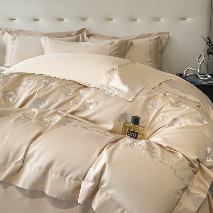 91家纺网 家纺一手货源 找家纺 置顶家纺 2025新款13372全棉刺绣四件套-桃花朵朵开 桃花朵朵开-奶咖