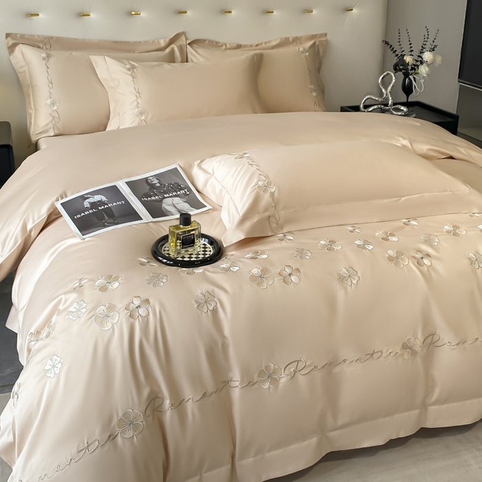 91家纺网 家纺一手货源 找家纺 置顶家纺 2025新款13372全棉刺绣四件套-桃花朵朵开 桃花朵朵开-奶咖