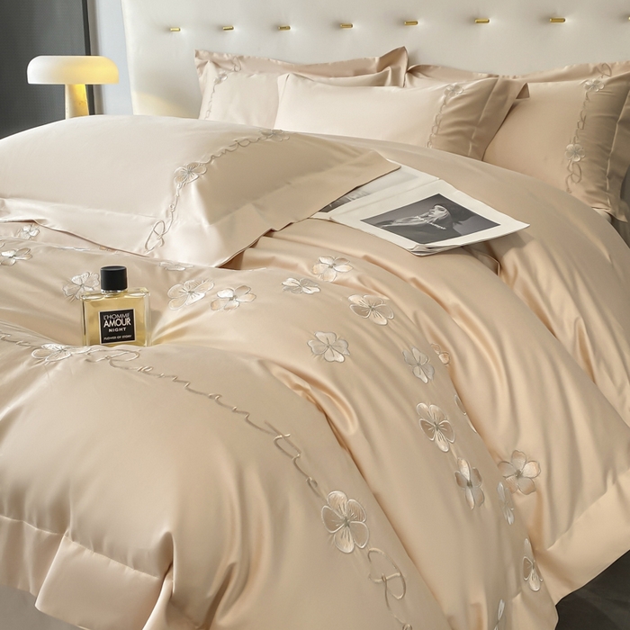 91家纺网 家纺一手货源 找家纺 置顶家纺 2025新款13372全棉刺绣四件套-桃花朵朵开 桃花朵朵开-奶咖