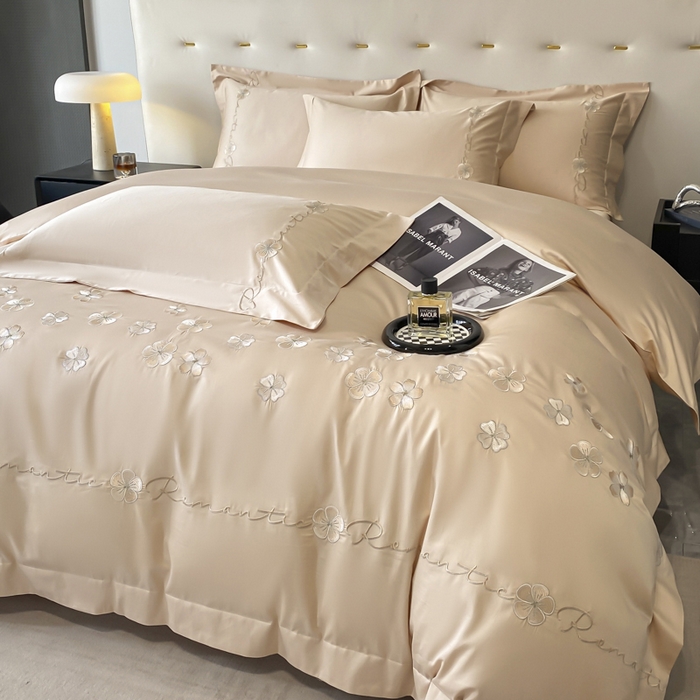 91家纺网 家纺一手货源 找家纺 置顶家纺 2025新款13372全棉刺绣四件套-桃花朵朵开 桃花朵朵开-奶咖