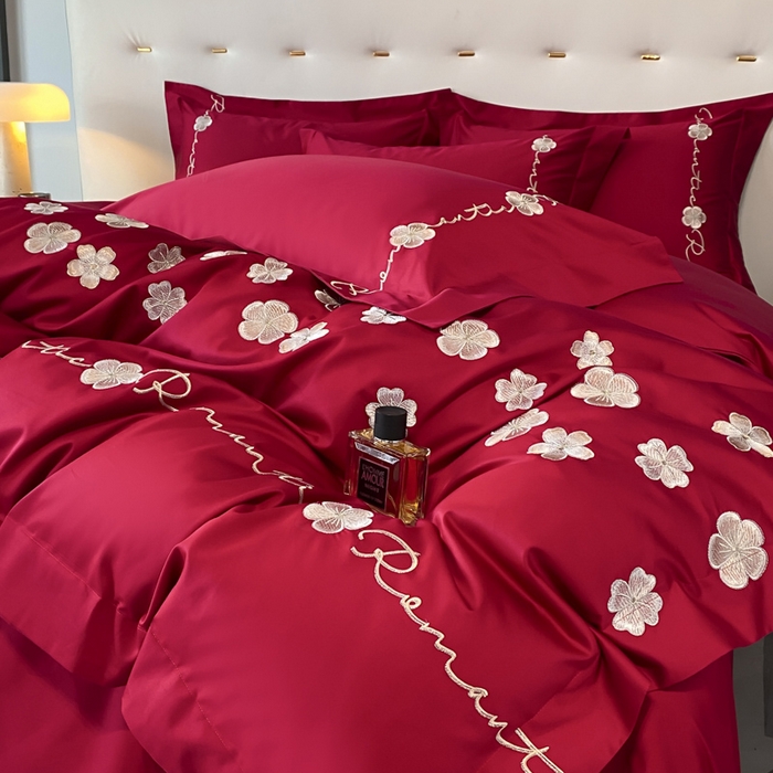 91家纺网 家纺一手货源 找家纺 置顶家纺 2025新款13372全棉刺绣四件套-桃花朵朵开 桃花朵朵开-温馨红