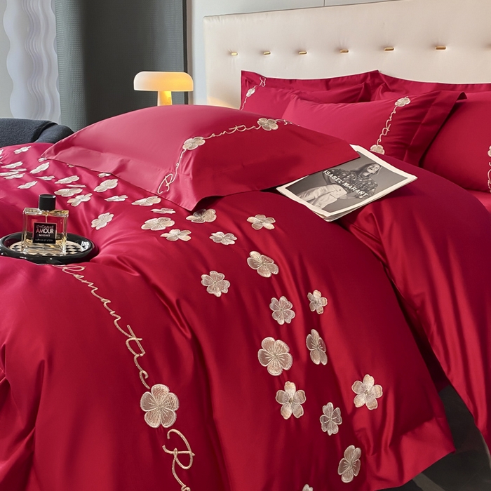 91家纺网 家纺一手货源 找家纺 置顶家纺 2025新款13372全棉刺绣四件套-桃花朵朵开 桃花朵朵开-温馨红