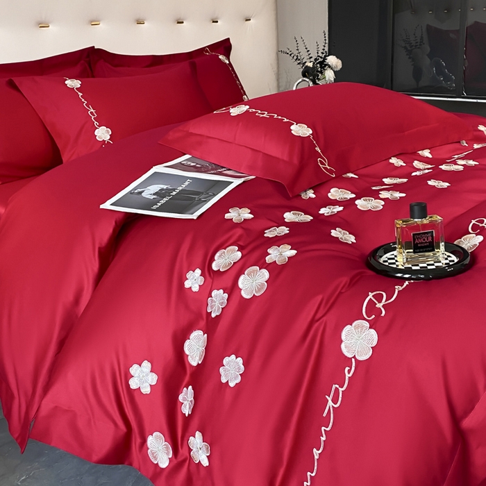 91家纺网 家纺一手货源 找家纺 置顶家纺 2025新款13372全棉刺绣四件套-桃花朵朵开 桃花朵朵开-温馨红