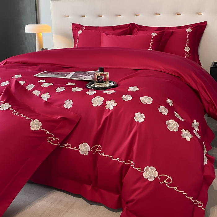 91家纺网 家纺一手货源 找家纺 置顶家纺 2025新款13372全棉刺绣四件套-桃花朵朵开 桃花朵朵开-温馨红