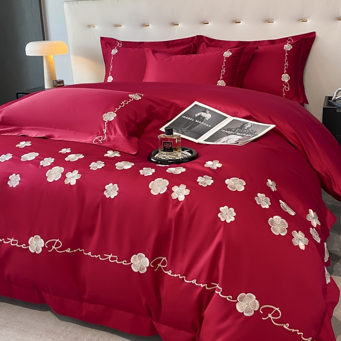 91家纺网 家纺一手货源 找家纺 置顶家纺 2025新款13372全棉刺绣四件套-桃花朵朵开 桃花朵朵开-温馨红