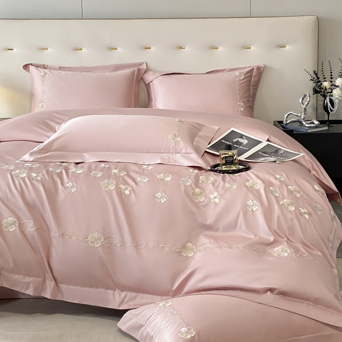 91家纺网 家纺一手货源 找家纺 置顶家纺 2025新款13372全棉刺绣四件套-桃花朵朵开 桃花朵朵开-浅豆沙