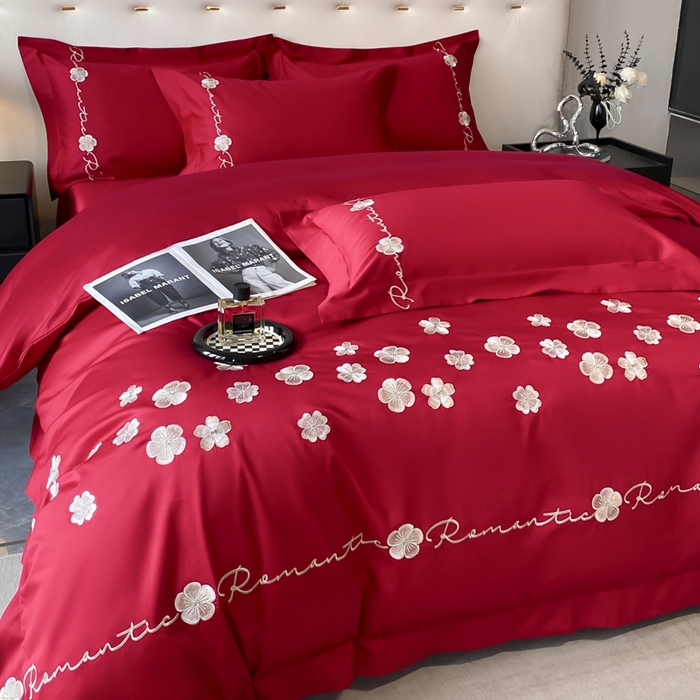 91家纺网 家纺一手货源 找家纺 置顶家纺 2025新款13372全棉刺绣四件套-桃花朵朵开 桃花朵朵开-温馨红