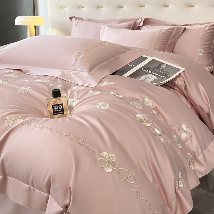 91家纺网 家纺一手货源 找家纺 置顶家纺 2025新款13372全棉刺绣四件套-桃花朵朵开 桃花朵朵开-浅豆沙