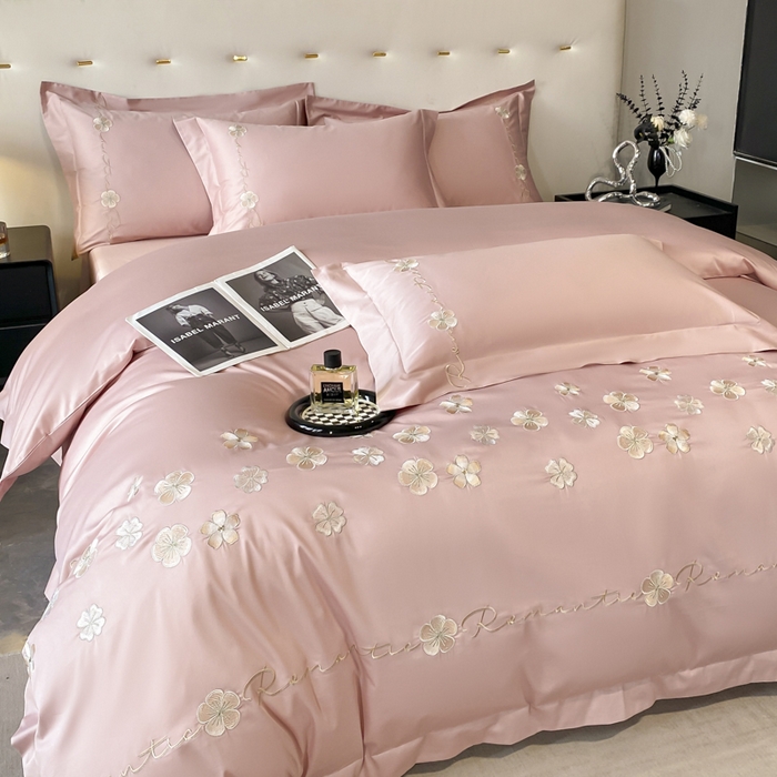 91家纺网 家纺一手货源 找家纺 置顶家纺 2025新款13372全棉刺绣四件套-桃花朵朵开 桃花朵朵开-浅豆沙